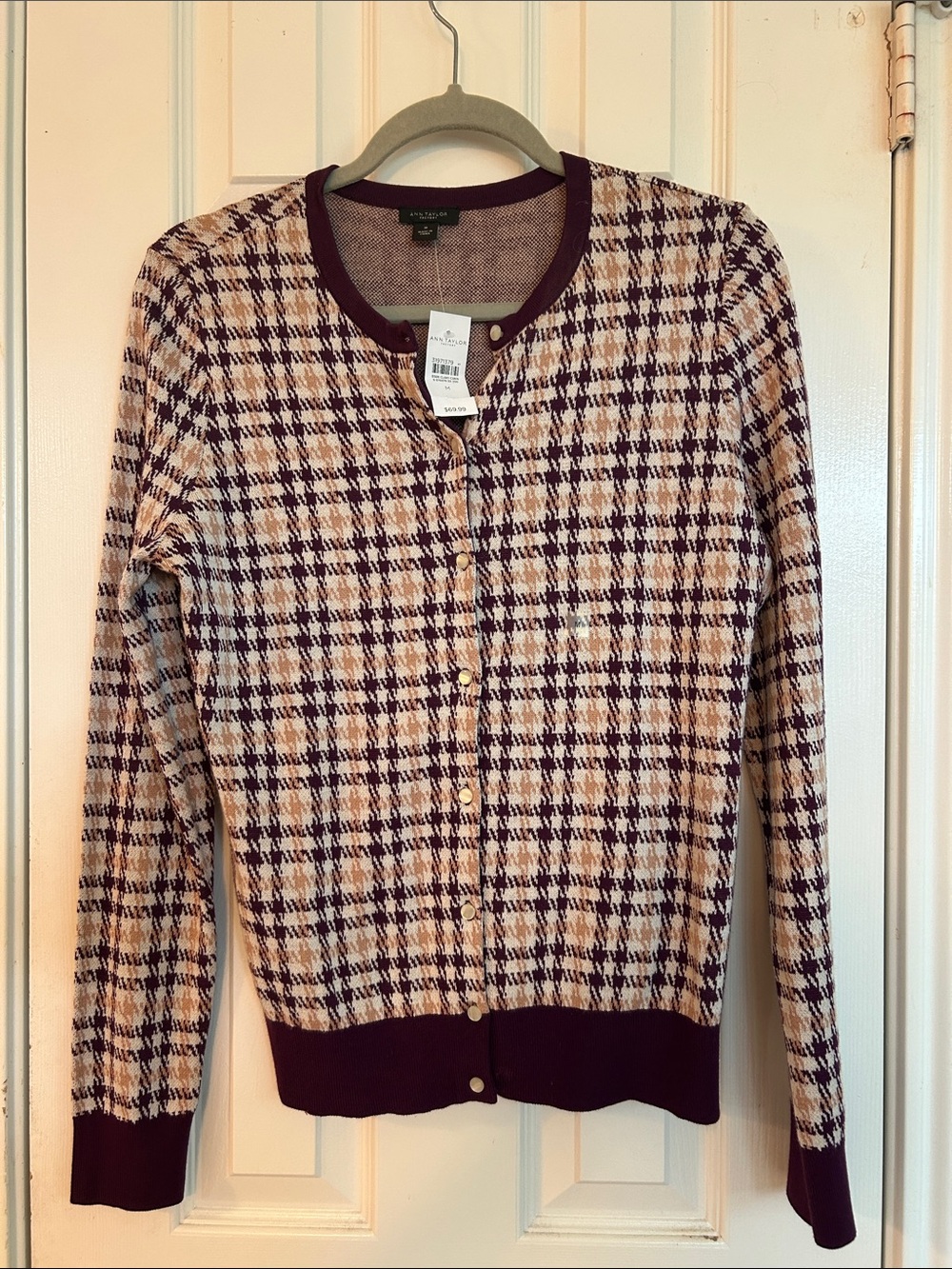 Ann Taylor Plum and Cream Plaid Button-Front Cardigan